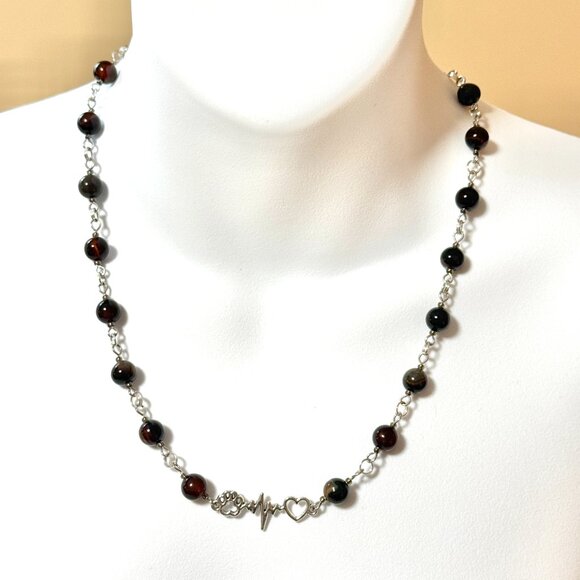 Genuine Dark Brown Agate Necklace, Natural Gemstone & Paw Print Heart Beat Charm - Picture 2 of 14